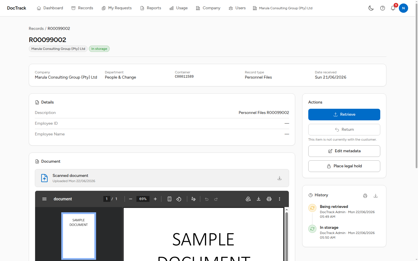 DocTrack portal record detail — metadata, status, the embedded scanned document, request actions, and full history