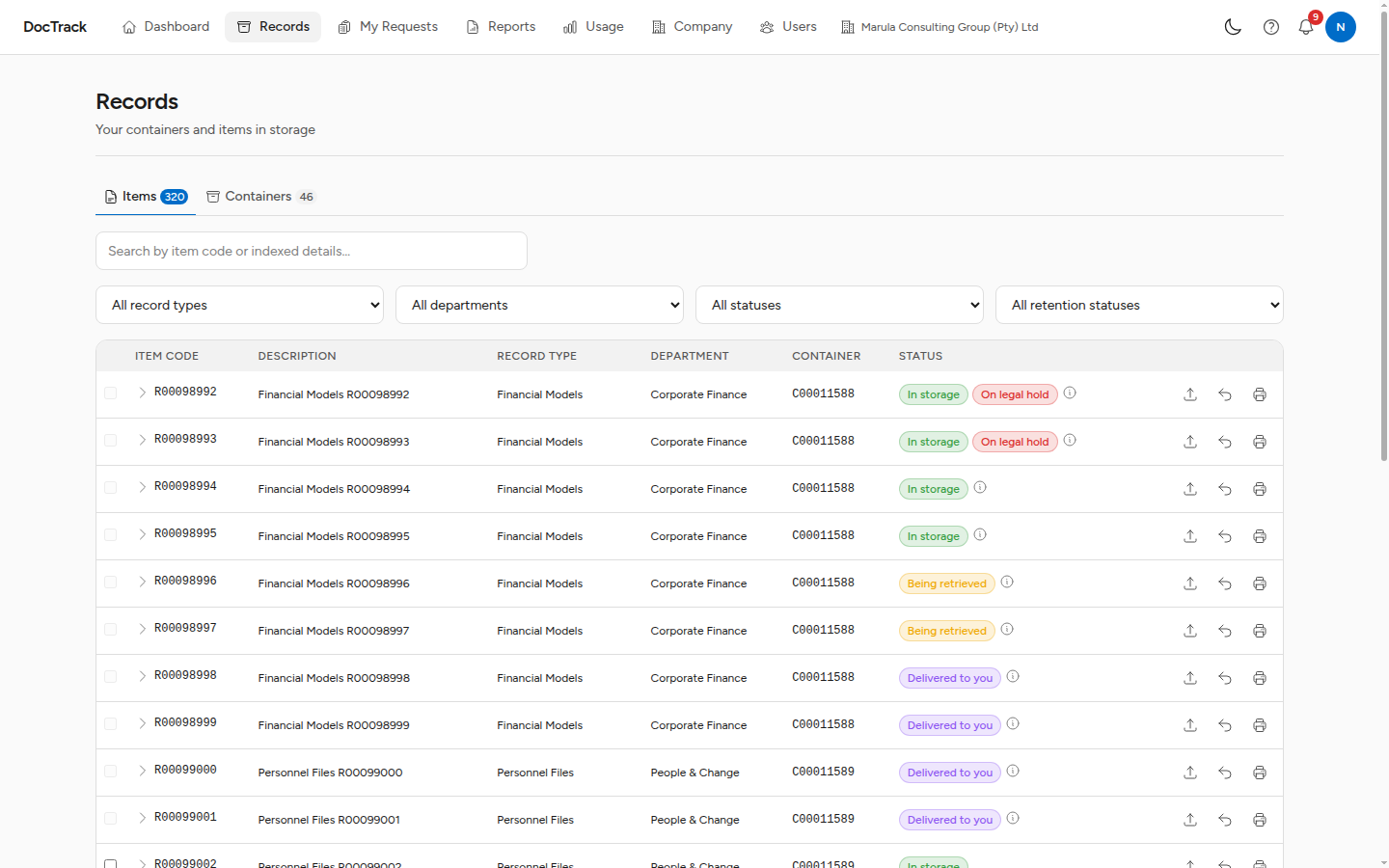 DocTrack portal records index — full-text search across items and containers with department, status, and retention filters