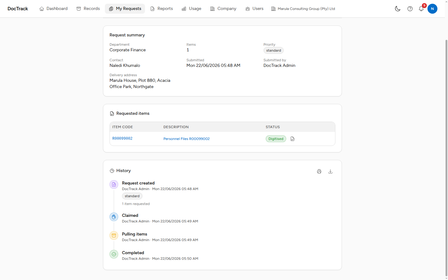 DocTrack portal retrieval request — summary, requested items, and a status timeline from created to claimed, pulling, and completed